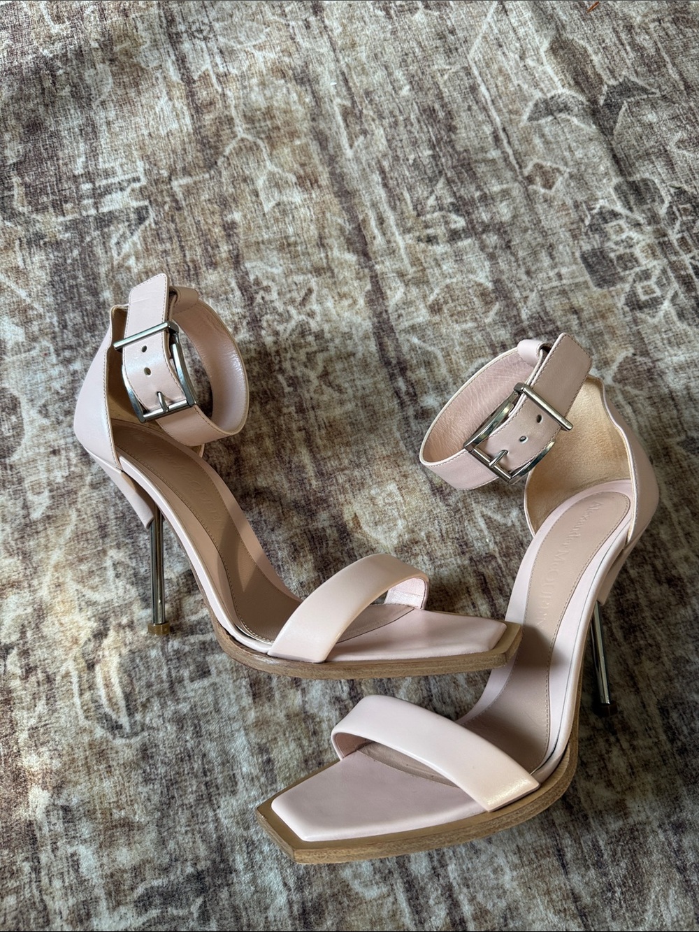 Alexander McQueen Sandals 38 US 8 Pale Pink Square-Toe Ankle-Strap Stilettos